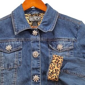 Berer Denim Jacket Rhinestone Leopard Print Trim Womens Size M‎